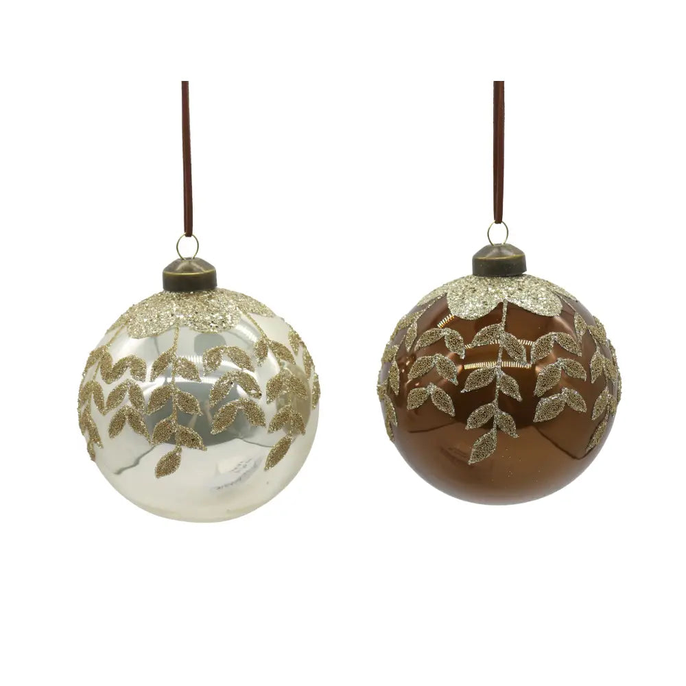 Premium Glass Shiny Gold & Brown Ball With Glitter Leaf - 1Pc