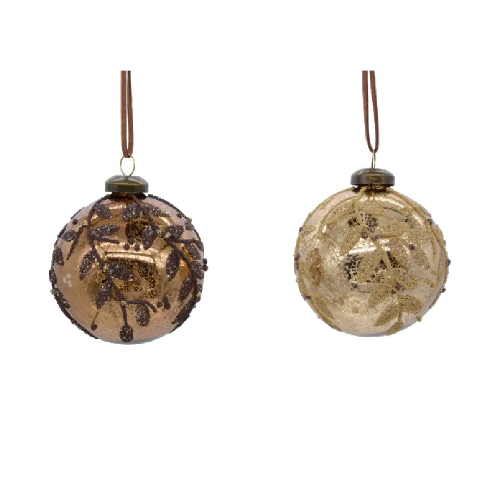 Premium Glass Shiny Dark Brown With Glitter Leaf Ball- 1Pc