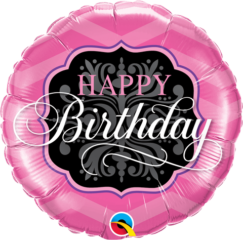 Round Birthday Pink & Black (Helium) - 18 Inches