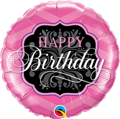 Round Birthday Pink & Black (Helium) - 18 Inches