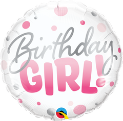 Round Birthday Girl Pink Dots (Helium) - 18 Inches