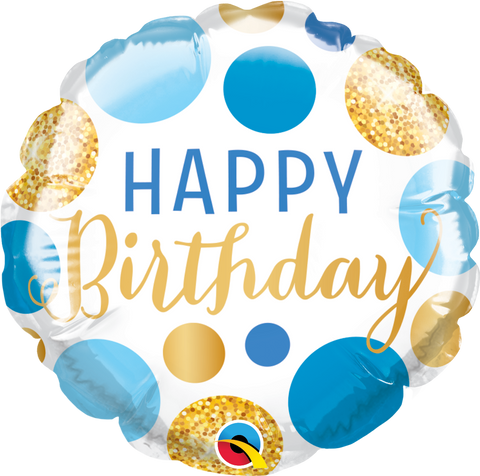 Round Birthday Blue & Gold Dots (Air-filled) - 4 Inches