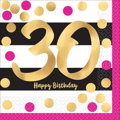 2 Ply Paper Dinner Napkins Pink & Gold Milestone Bday 30 33cm*33cm-16 Pc