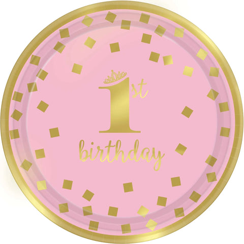 Paper Plates 9 Inches Gold 1st Birthday Girl - 8 Pc