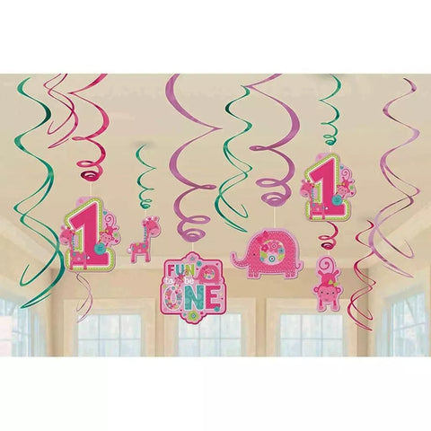 1st Birthday Girl Fun to Be One Swirl Hanging Party Decorations 7In-12Pc