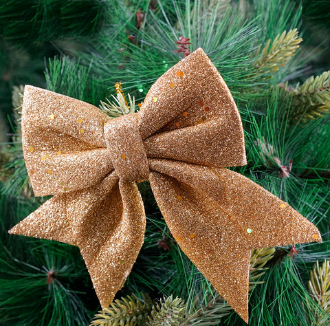 Glitter Gold Bow Ornament- 2Pc