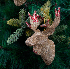 Gold Glitter Reindeer Ornament- 2Pc