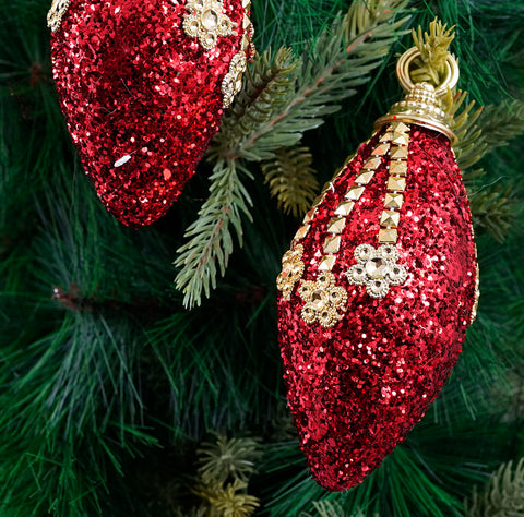 Red Glitter Snow Drop Ornament- 3Pc