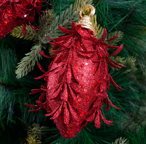 Red Glitter Oak Ornament- 3Pc