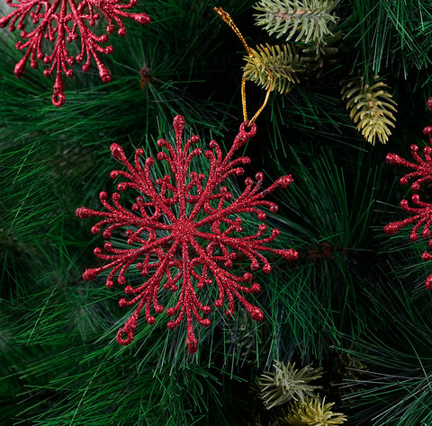 Red Glitter Snow Flake Ornament- 6Pc