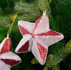 Glitter Red Snow Star Ornament- 2Pc