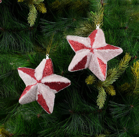 Glitter Red Snow Star Ornament- 2Pc