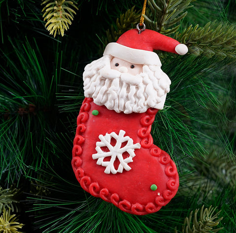 Santa Stocking Soft Ceramic Ornament- 2Pc