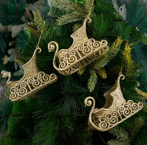 Glitter Sleigh Gold Ornament- 2Pc