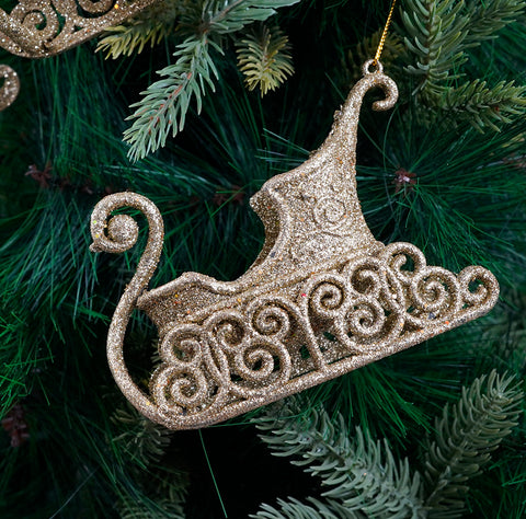 Glitter Sleigh Gold Ornament- 2Pc