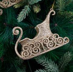 Glitter Sleigh Gold Ornament- 2Pc