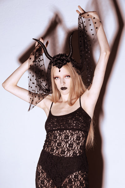 Devil Horns Headband with Tulle Black 30x76 cm