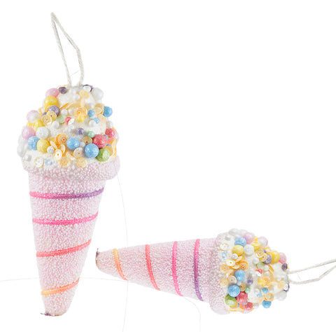 Sprinkle Pink Ice Cream Cone Ornament- 2Pc