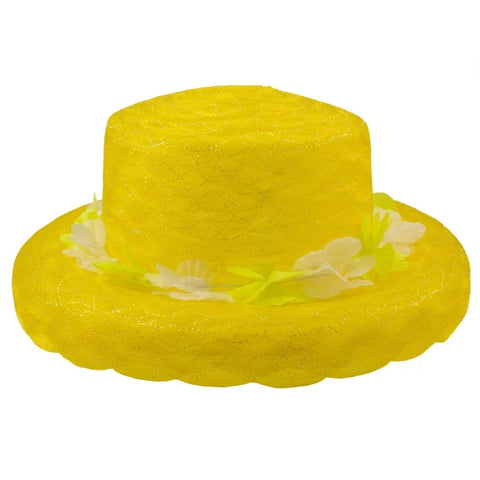 Premium Summer Hat Organza Flower Lei - Neon Yellow